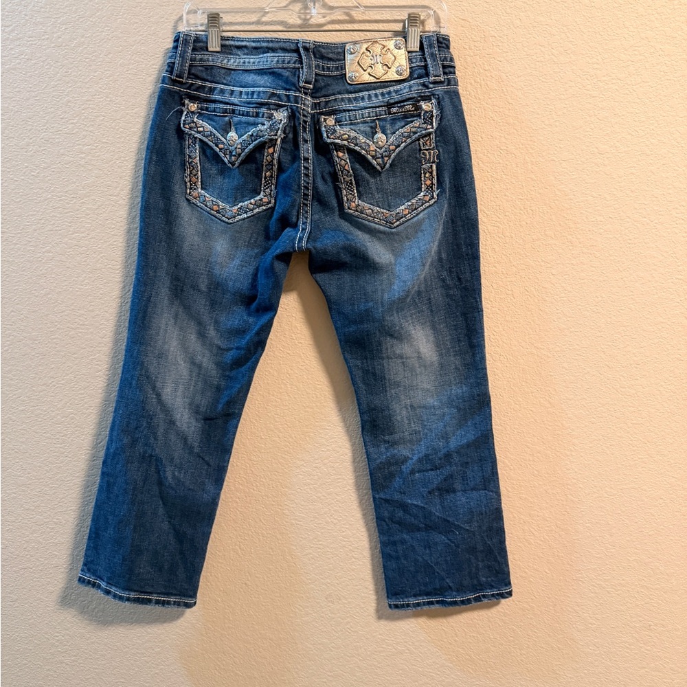 Miss Me Signature Cuffed Capri jeans in a medium wash with embellished